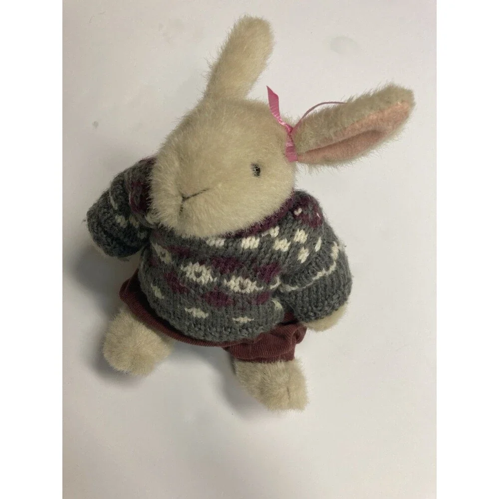 Beige & Gray Rabbit Plush Stuffed Animal Knit Sweater, Brown Pants & Pink Ribbon